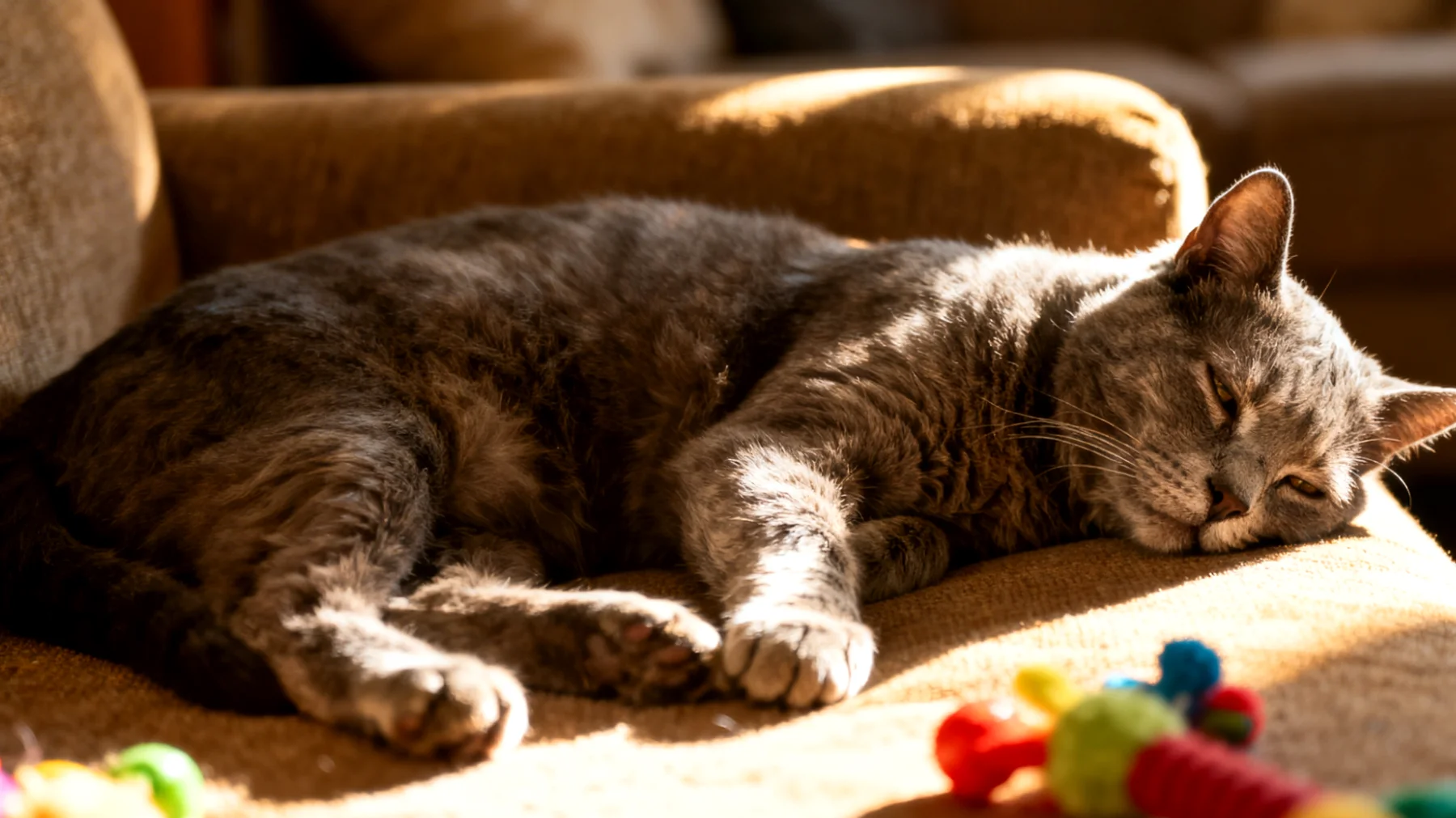 Ältere Katzen werden oft träge und zeigen weniger Interesse an Spielzeug und Beschäftigung, was zu Bewegungsmangel, Übergewicht und geistigem Abbau führen kann"