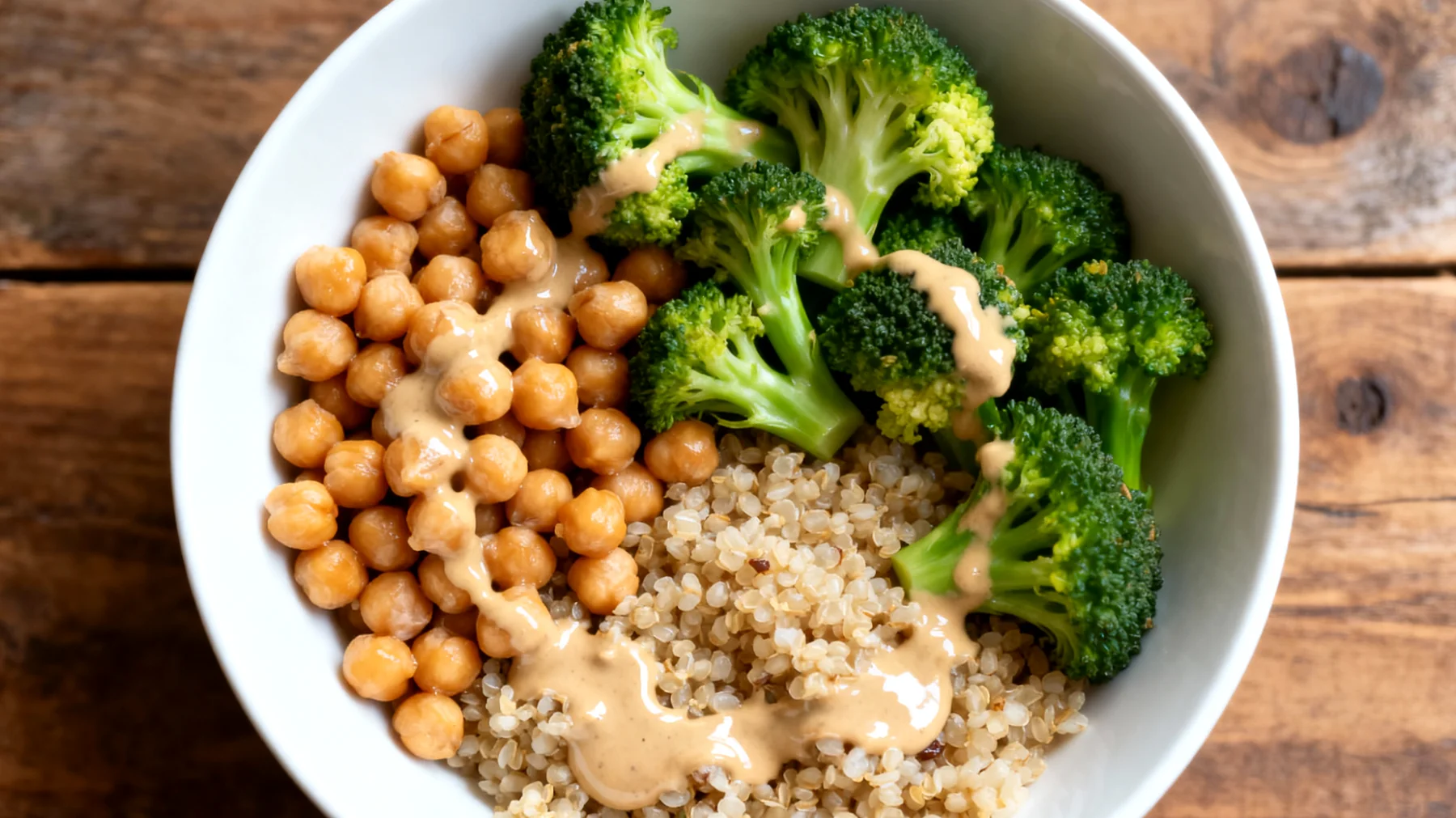 Kichererbsen-Quinoa-Bowl mit Tahini und gedünstetem Brokkoli"
