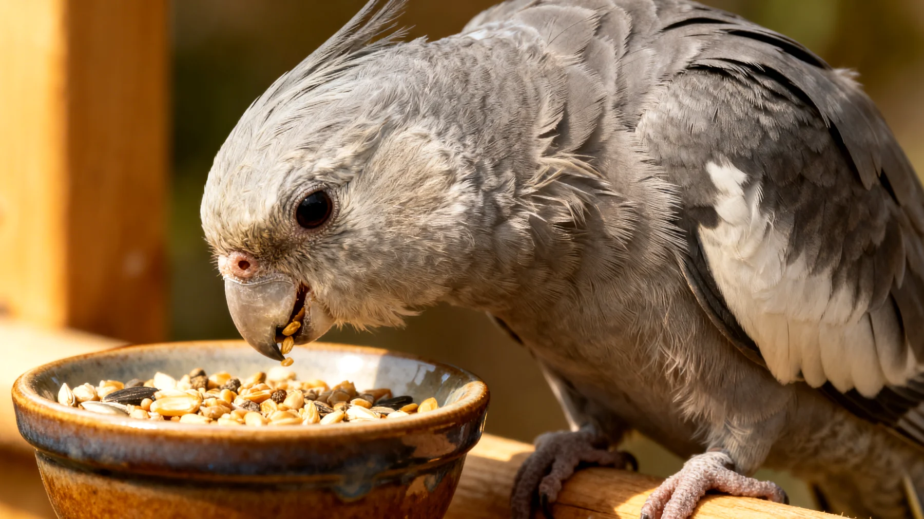 Ältere Nymphensittiche benötigen eine angepasste, altersgerechte Ernährung mit leicht verdaulichen Nahrungsmitteln, die Gelenkprobleme und nachlassende Organfunktionen berücksichtigt"
