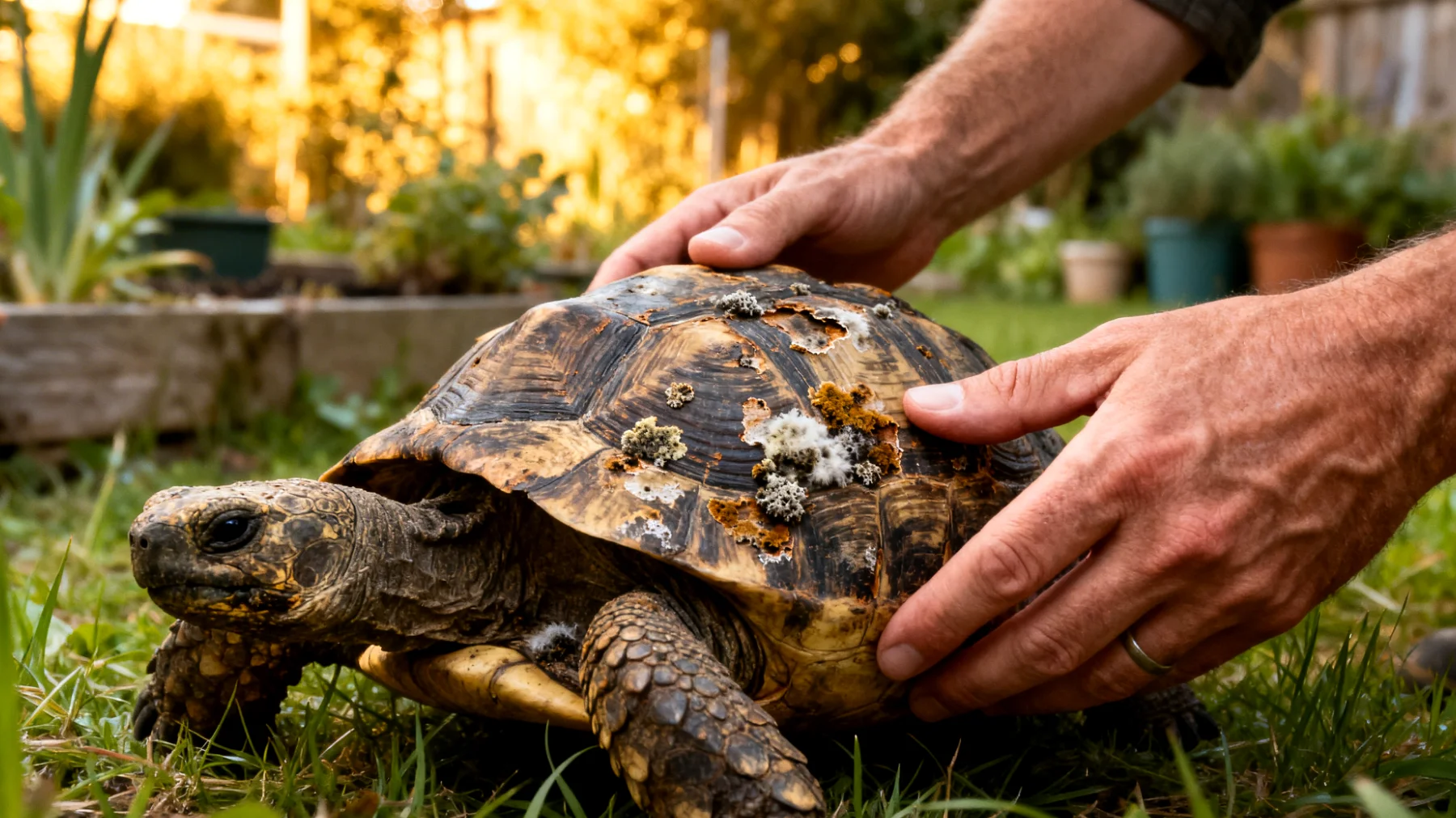 Schildkröten im Garten benötigen natürliche Lösungen gegen häufige Gesundheitsprobleme wie Parasiten, Pilzinfektionen oder leichte Panzerschäden, die durch die Gartenhaltung entstehen können"